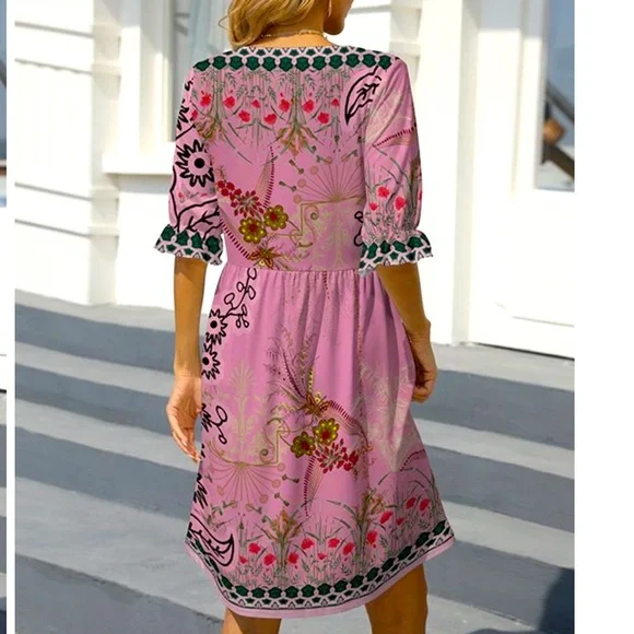 SOLD-PINK DAISY Comfy Purple Floral Geometric Pattern Easy Care Dress 2X New - Picture 2 of 11